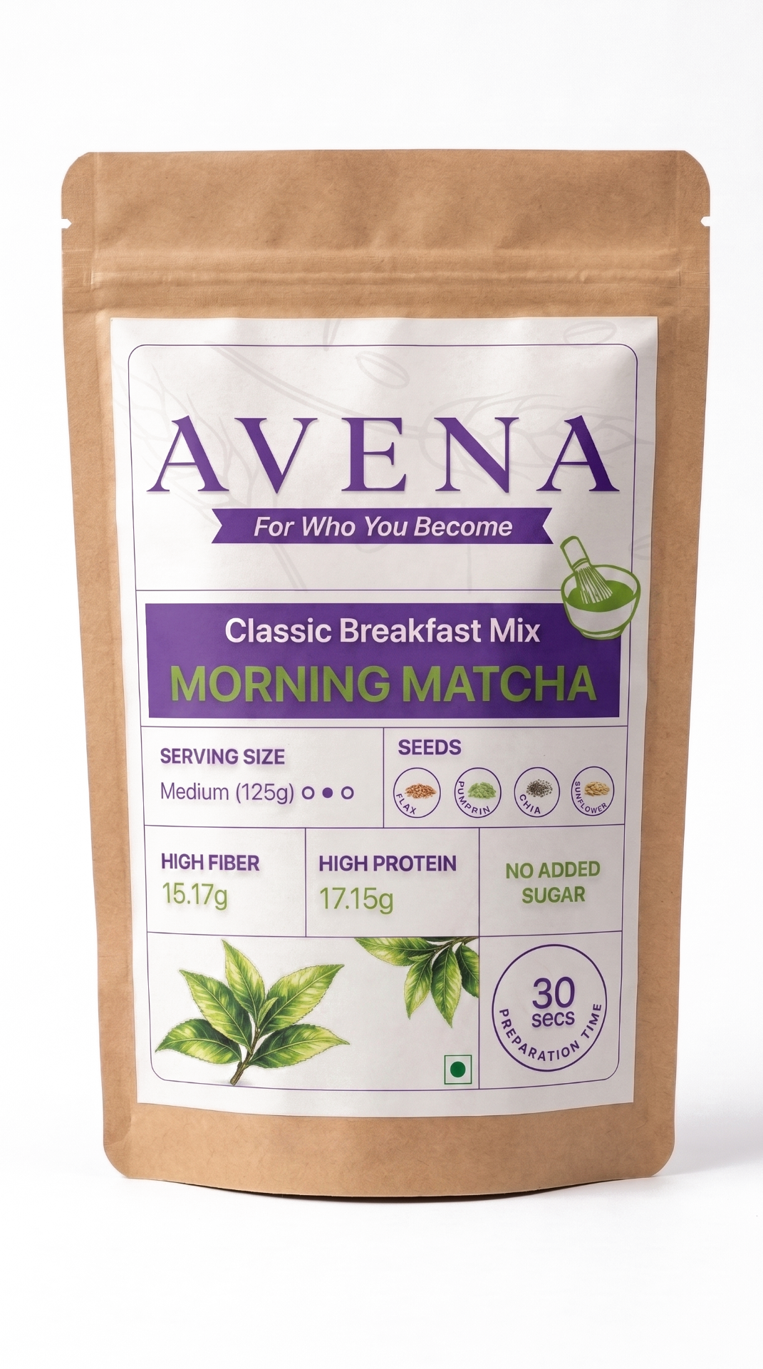 Avena Morning Matcha — matcha oats and seeds high-protein breakfast pouch, 17g protein no added sugar