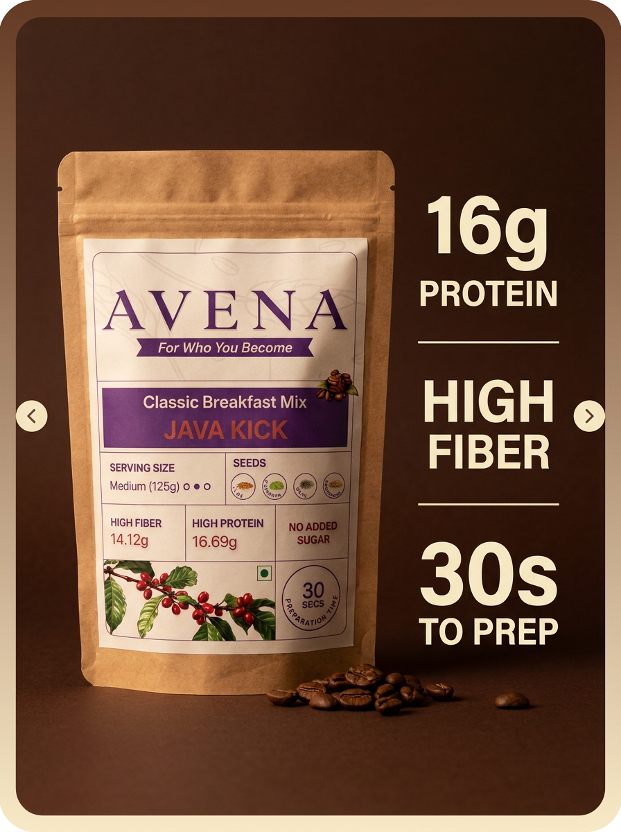 Avena Java Kick overnight oats pouch with coffee beans