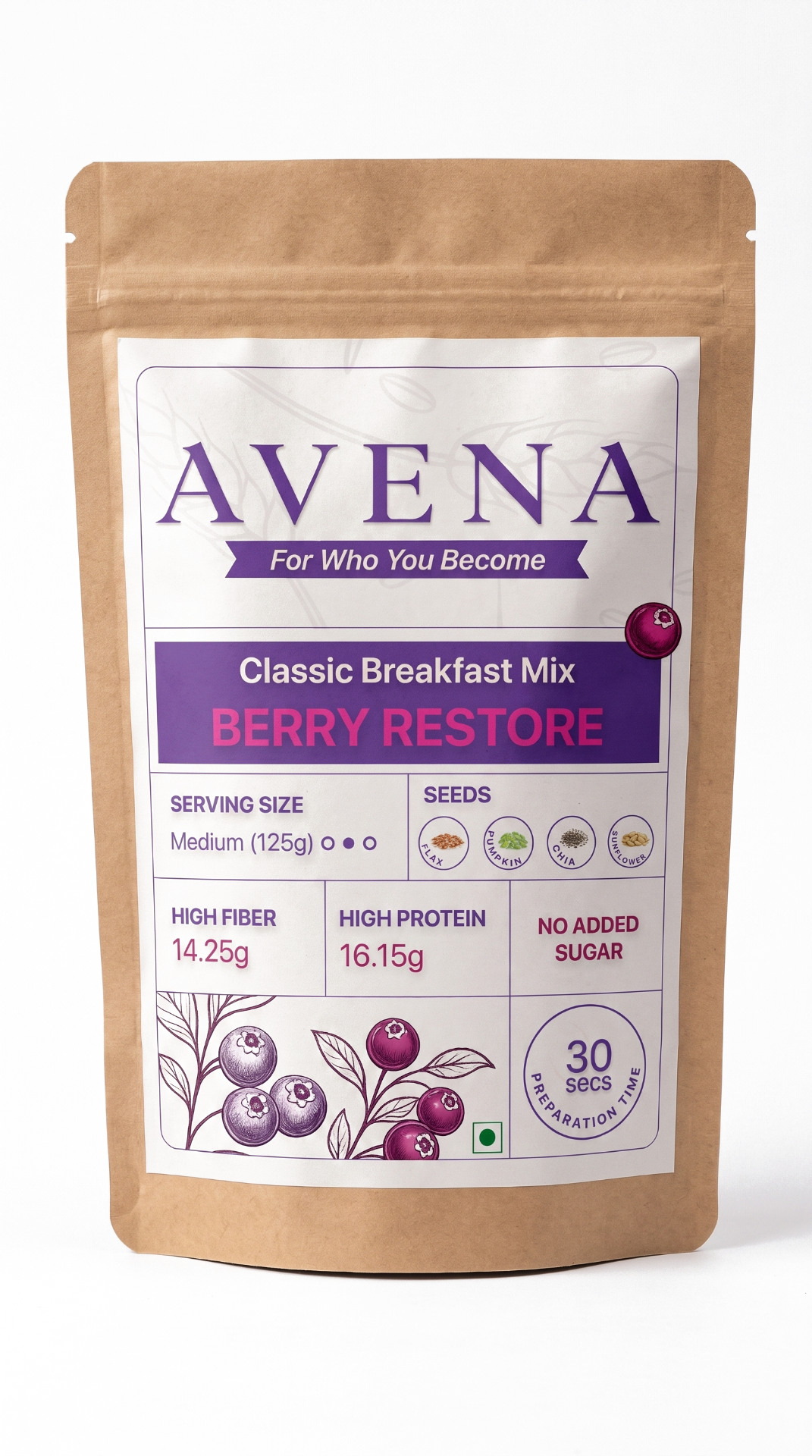 Avena Berry Restore — blueberry and cranberry oats and seeds breakfast, 16g protein 14g fibre, made in Kolkata