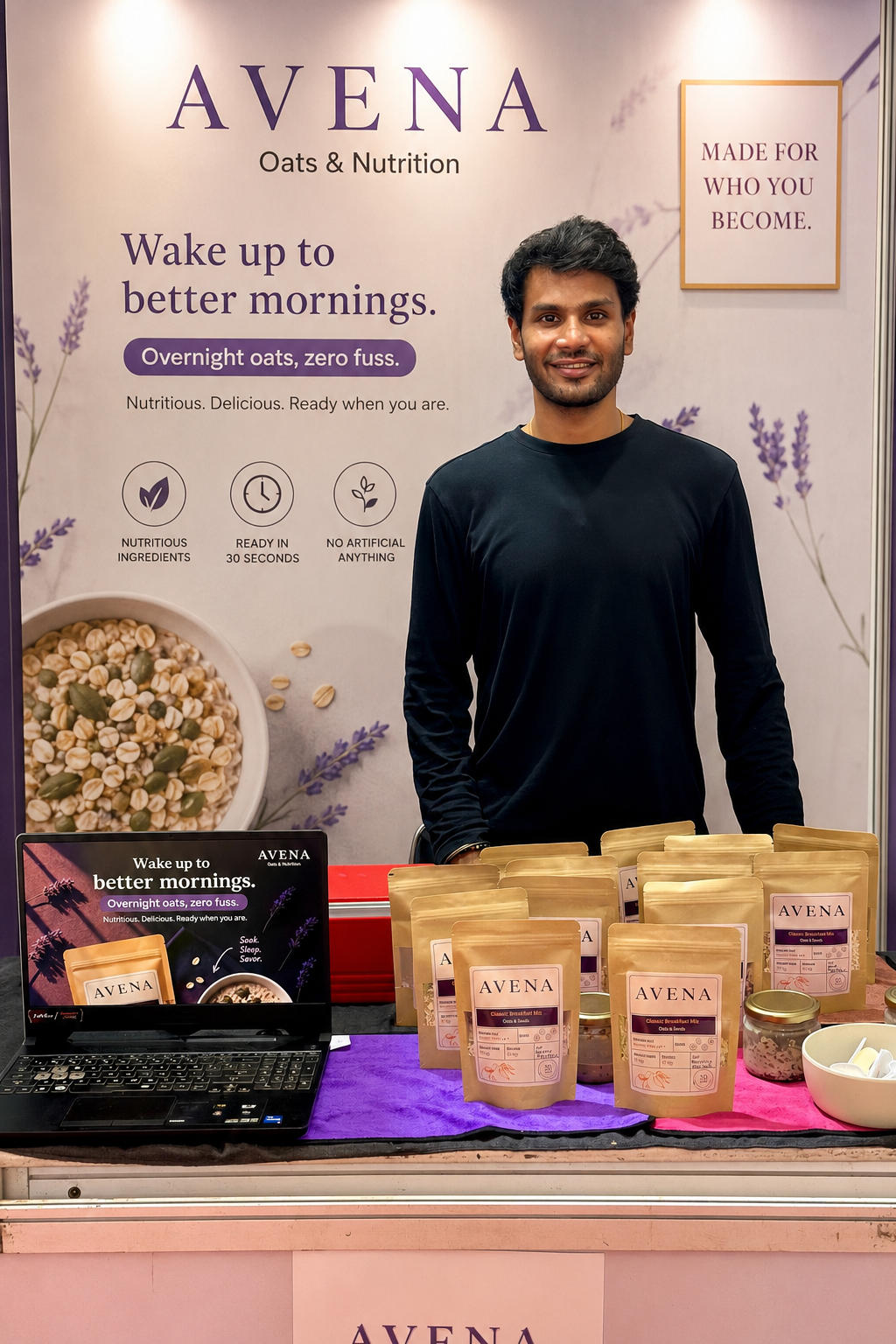 Avena founder Hrithik with the brand at a community exhibition