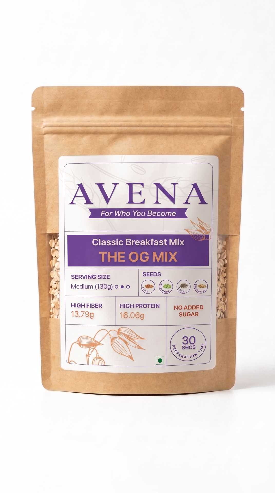 Avena The OG Mix — high-protein oats and seeds breakfast pouch, 16g protein, no added sugar, made in Kolkata