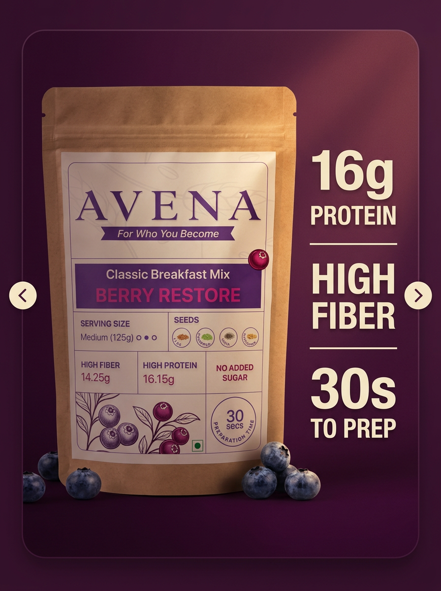 Avena Berry Restore overnight oats pouch with blueberries