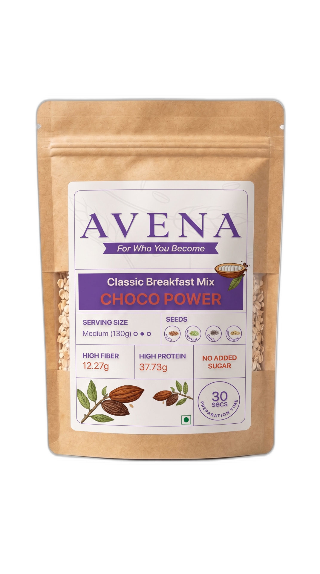 Avena Choco Power — high-protein chocolate oats and seeds breakfast, 37g protein per serve, made in Kolkata