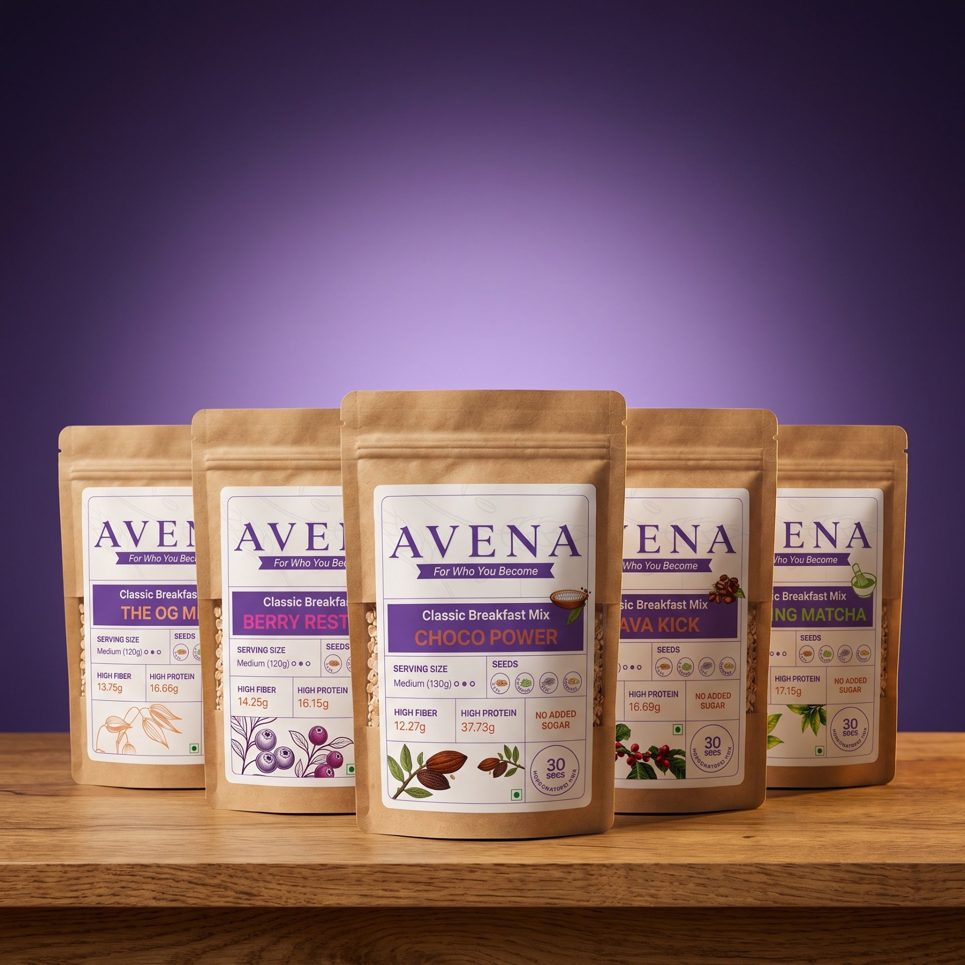 Avena All 5 Combo pack — high-protein oats and seeds breakfast lineup: OG Mix, Java Kick, Morning Matcha, Choco Power and Berry Restore pouches from Kolkata