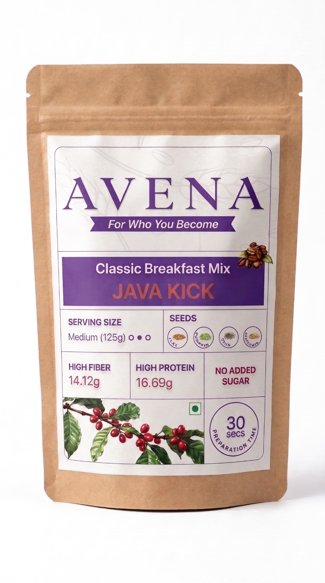 Avena Java Kick — cold coffee oats and seeds breakfast mix, 16g protein high-fibre, made in Kolkata India